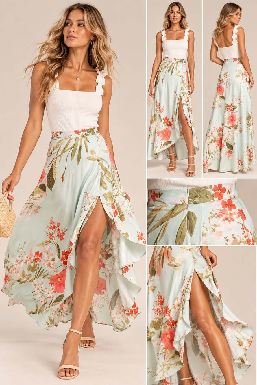 Lulus Sage Green Floral Print Satin Maxi Skirt in Size: Large NWT
